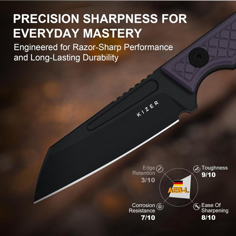 KIZER Phasmids Fixed Blade Knife with Sheath, 2.78" AEB-L Steel Blade, Full Tang Camping Knife with Purple G10 Handle, EDC Knives for Hiking 1079A1 - Image 5